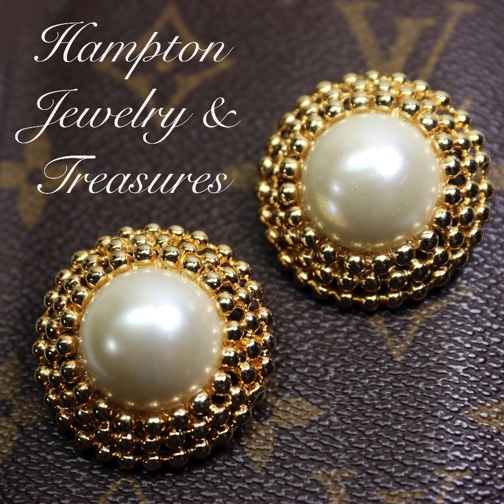 Pearl Earrings - Massive Gold Caviar Clip-on Vintage Luxury Timeless Bridal Gift - Picture 2 of 13